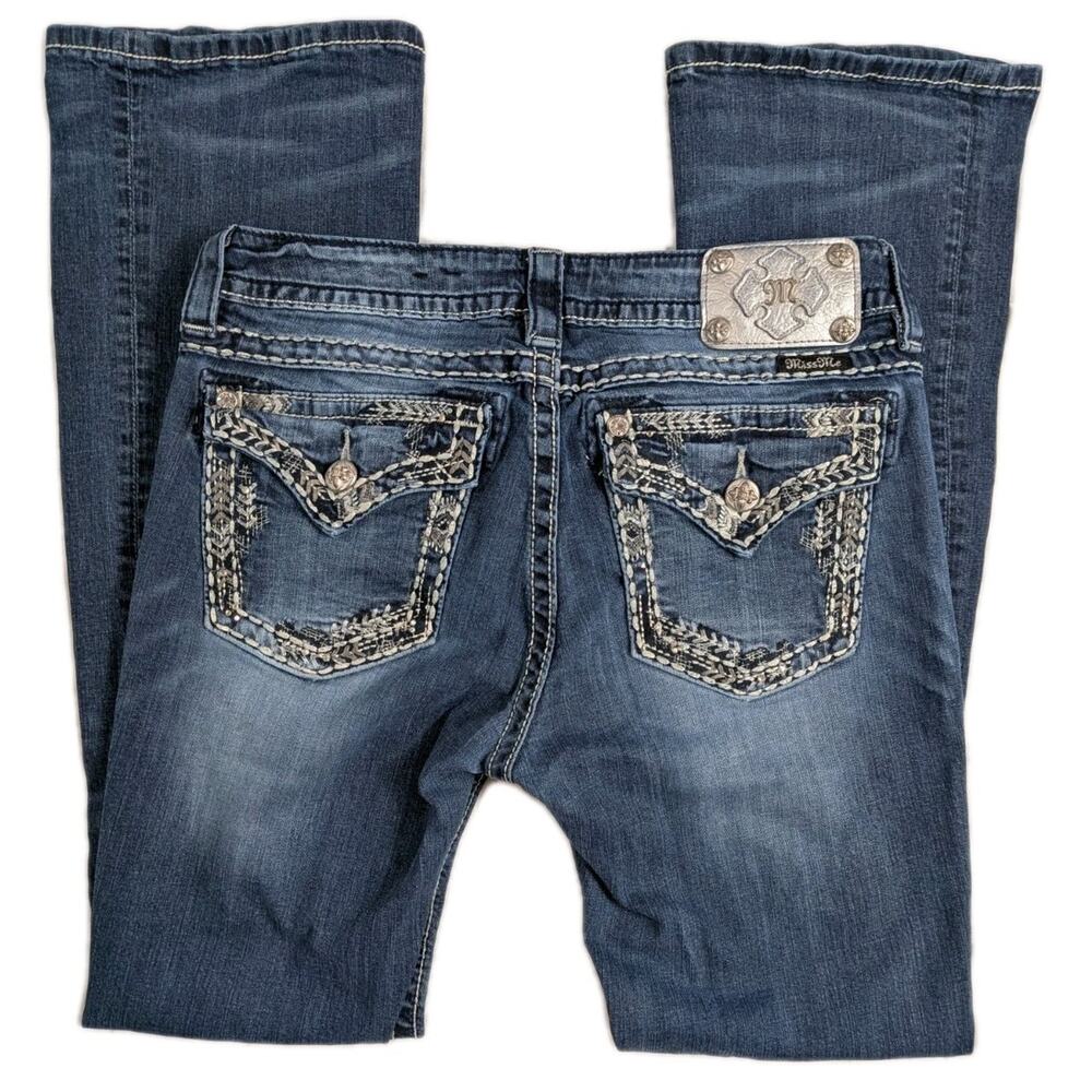 Miss Me Jeans Women 29 Blue Denim Mid Rise Boot Cut Embellished Stretch 30x30.5
